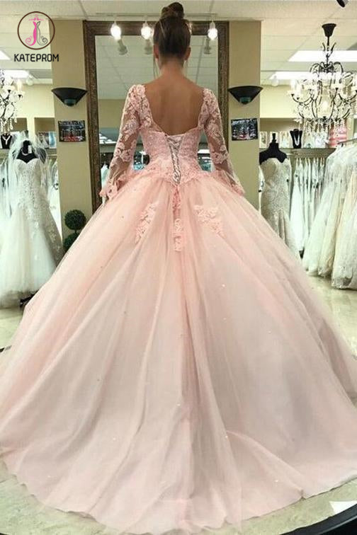 Puffy Long Sleeve Prom Dress with Lace, Pink Tulle Long Quinceanera Dresses KPP0659