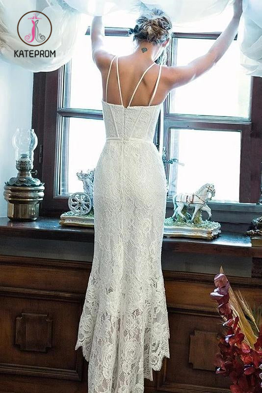 Sheath Lace Prom Dress, Unique Lace Wedding Dress with Ruffles KPP1044