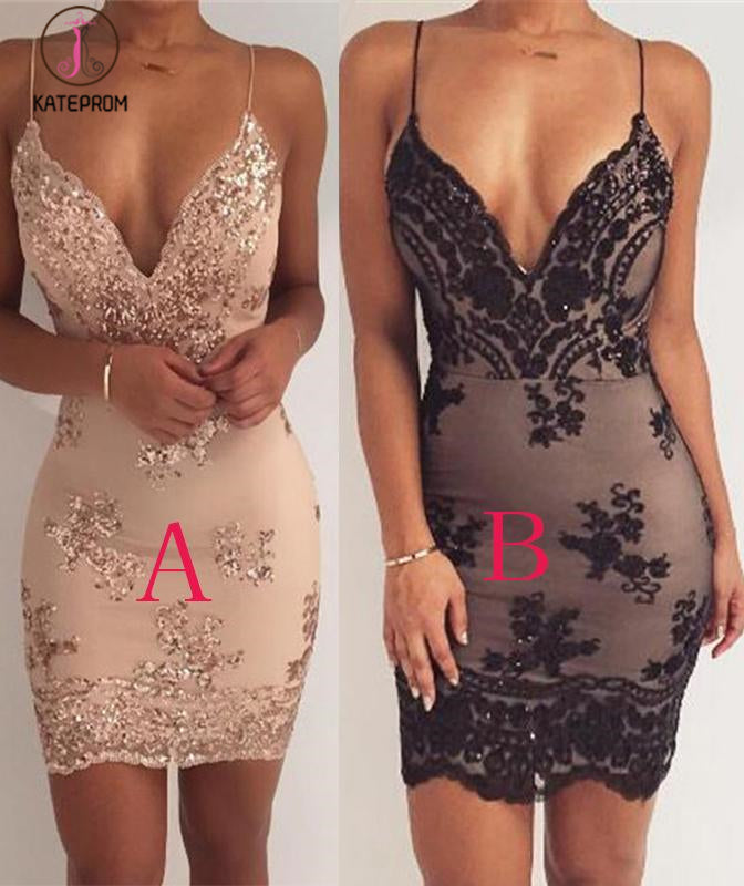 Sheath Spaghetti Straps V-neck Sleeveless Sparkly Homecoming Dress,Party Dresses KPH0266