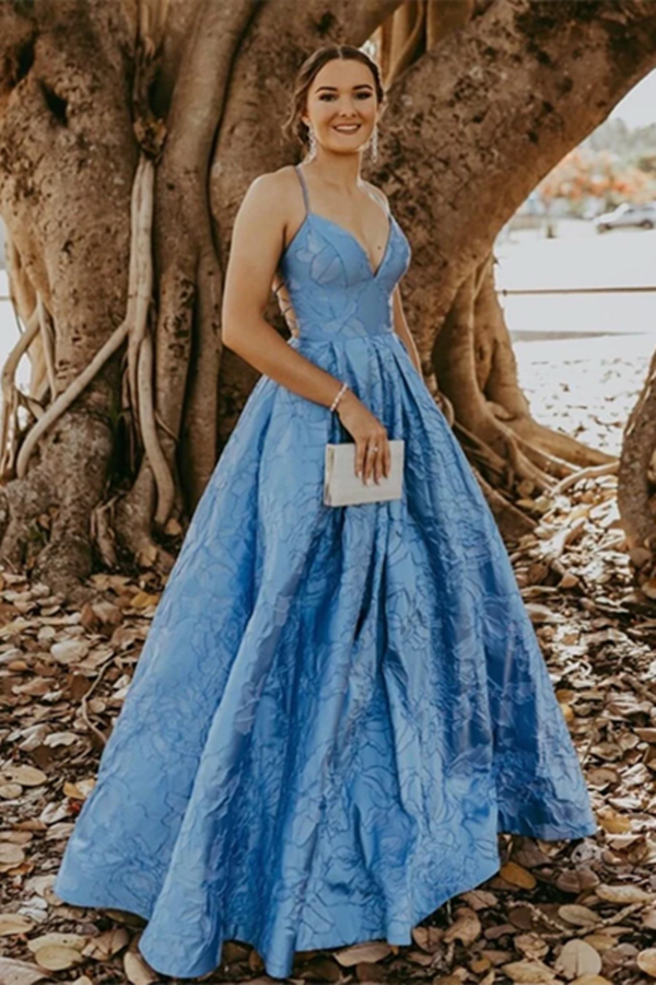 Vintage Ball Gown V Neck Straps Blue Prom Dresses with Pockets KPP1578