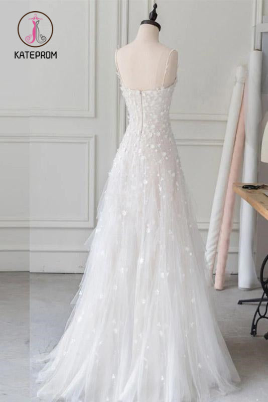 White Spaghetti Straps Lace Tulle Evening Dress, Floor Length Prom Dress with Beads KPP1007