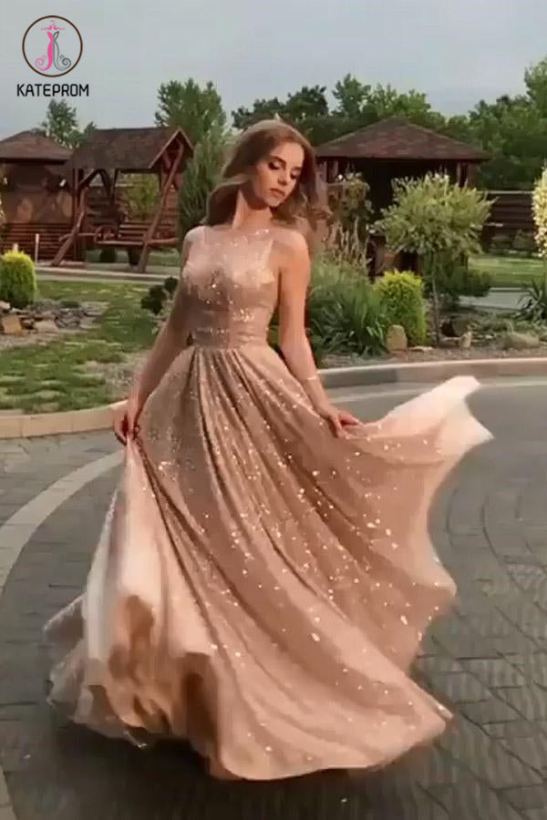 A-Line Open Back Gold Sequins Champagne Prom Dresses 2020 Fashion Evening Dresses KPP1126