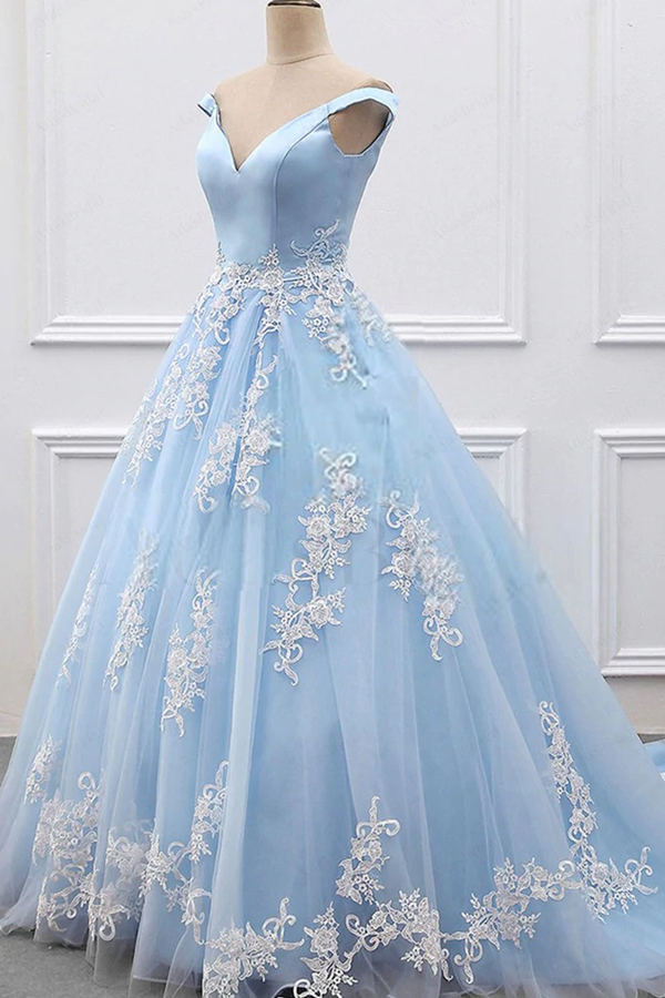 Chic A line V neck Light Sky Blue Tulle Applique Modest Prom Dress Evening Dress KPP1615