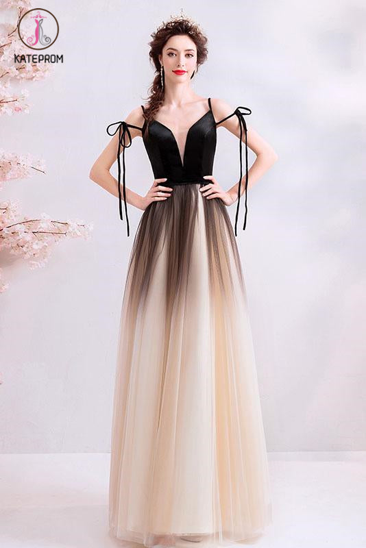 Black Deep V Neck Sleeveless Floor Length Tulle Ombre Prom Dress KPP1066