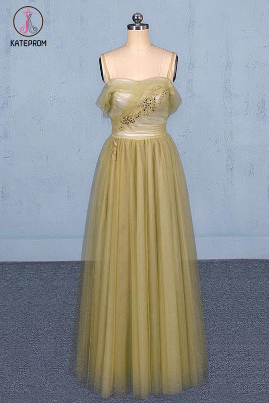 Spaghetti Straps Floor Length Tulle Prom Dress with Beading, Long Evening Dress KPP1090