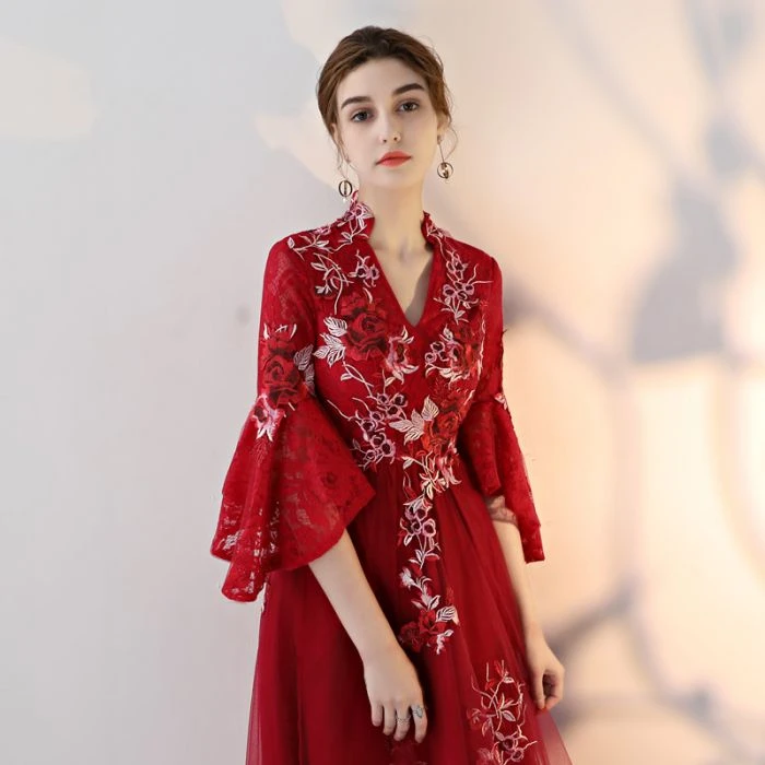 A line V neck Chic Tulle Burgundy Applique Long Prom Dress Evening Dress KPP1359