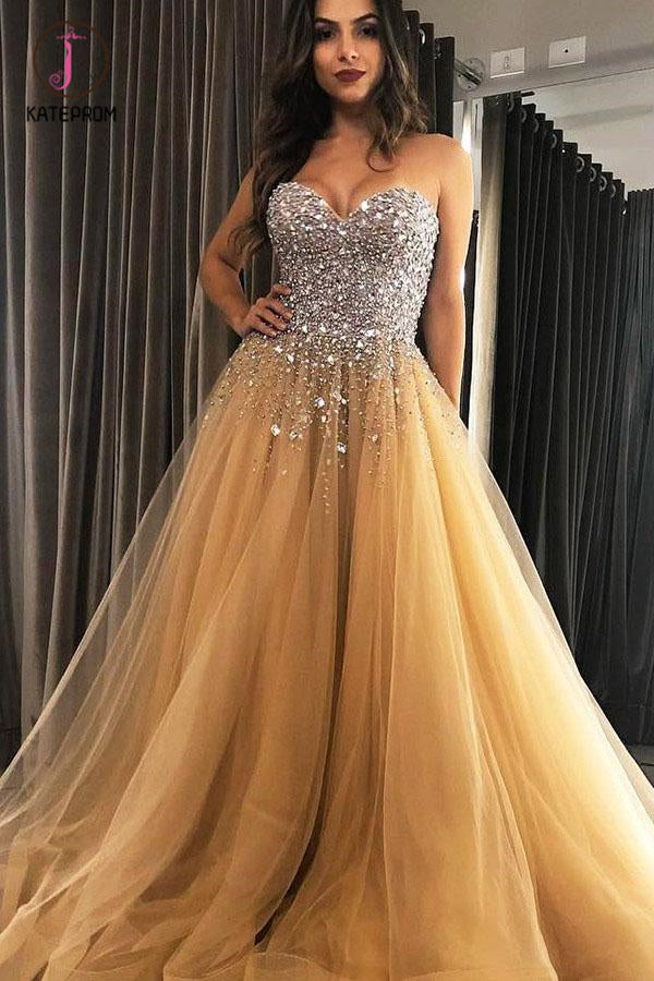 Sweetheart Champagne Tulle Sweep Train Prom Evening Dresses With Beading KPP0970