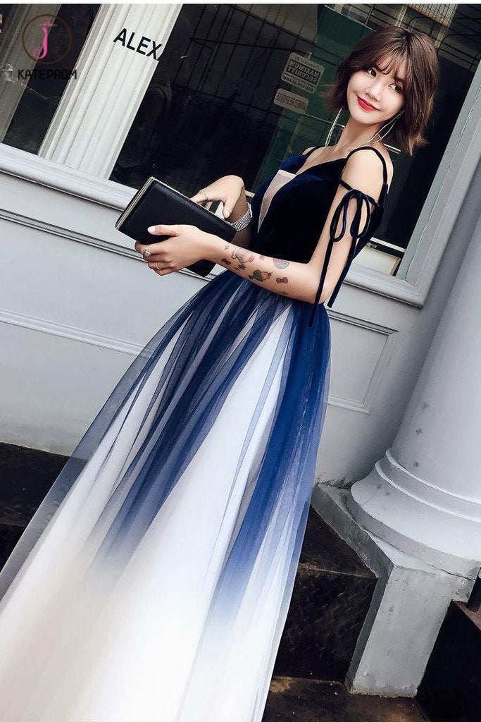Blue Ombre Long Tulle Prom Dress, Unique V Neck Sleeveless Party Dresses, Dance Dress KPP0828