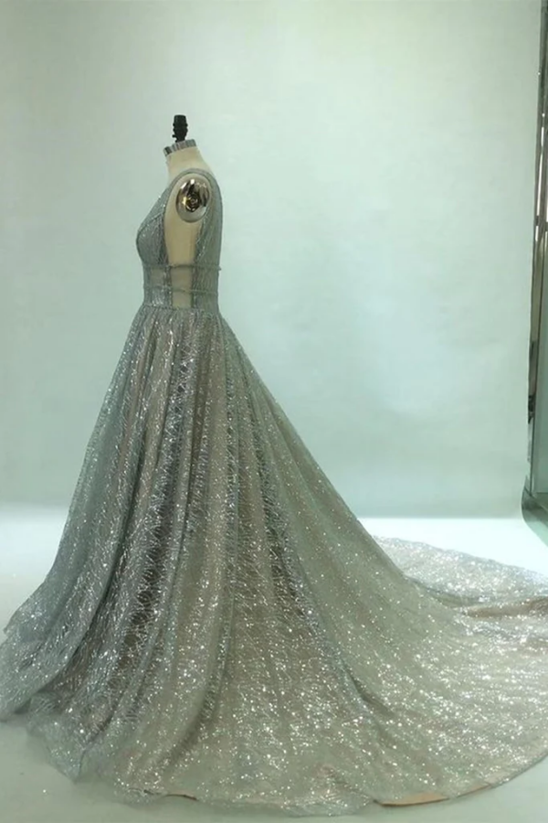 Shiny V Neck Open Back Champagne Long Prom Dresses, Formal Graduation Dress KPP1739