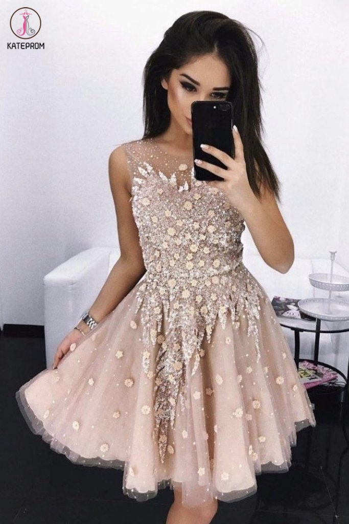 A Line Round Neck Tulle Beading Homecoming Dresses, Applique Short Graduation Dress KPH0497