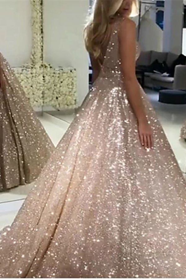 Chic A line V neck Long Sparkly Gold Prom Dresses Evening Dress KPP1537