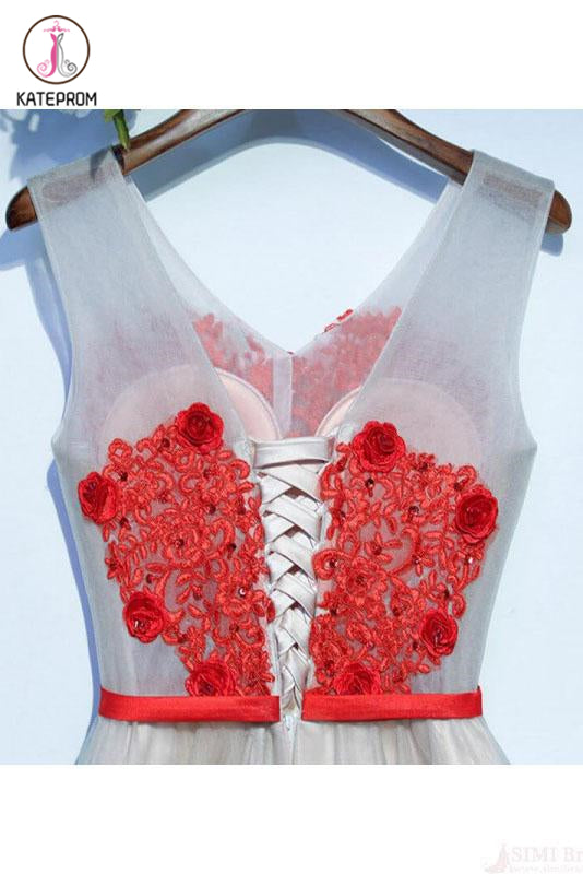 A Line V-neck Appliqued Homecoming Dresses Short Party Dresses with Flowers KPH0421