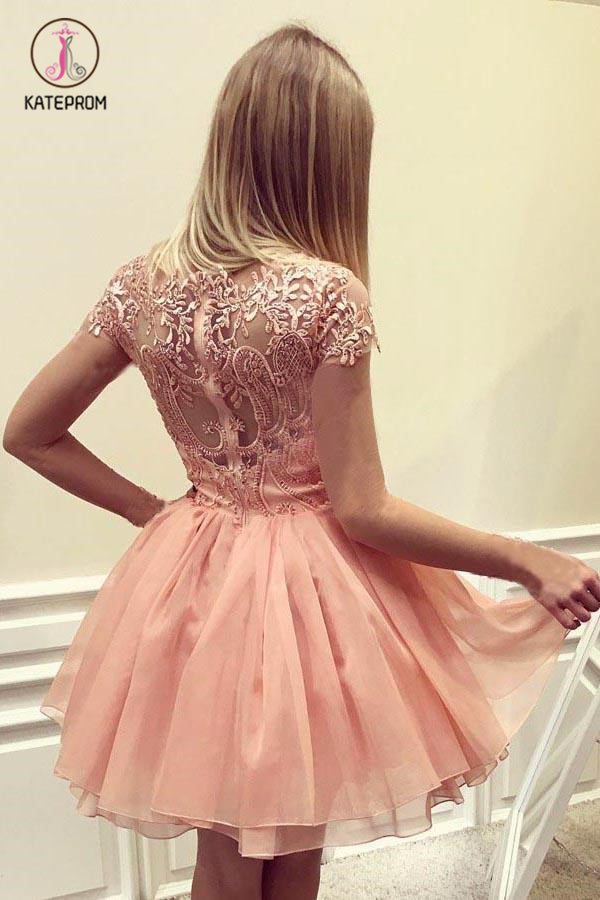Peach Cap Sleeves Short Chiffon Homecoming Dress with Appliques, A Line Short Prom Dress KPH0353