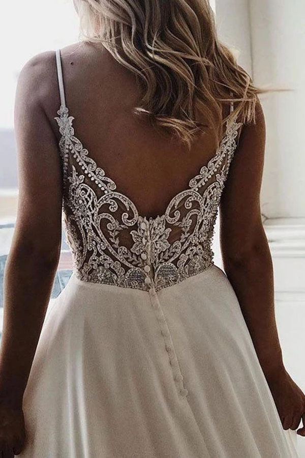 White Chiffon A-line V-neck Lace Spaghetti Straps Sweep Train Wedding Dress KPW0670