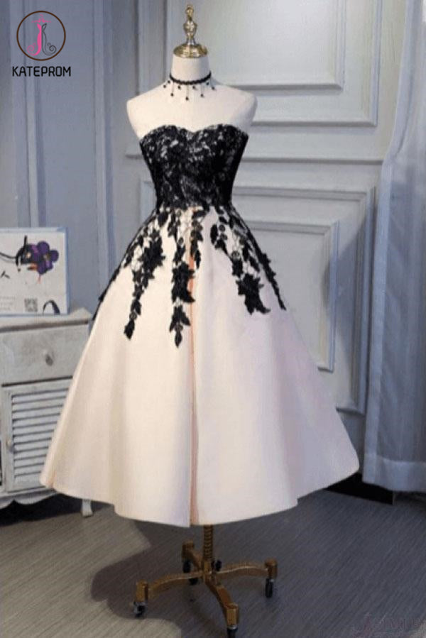 Ankle Length Strapless Prom Dress with Black Lace, A Line Princess Homecoming Dress KPH0432