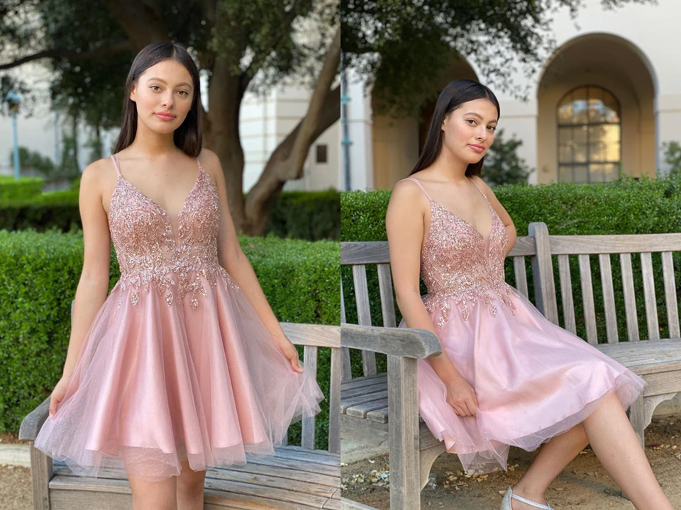 Pretty A Line Pink Beadeing Homecoming Dress, Short Spaghetti Straps Prom Dress KPP1432