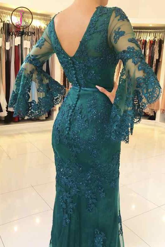 White V Neck Long Prom Dress, Mermaid Lace Appliqued Evening Dress with Sleeves KPP0962