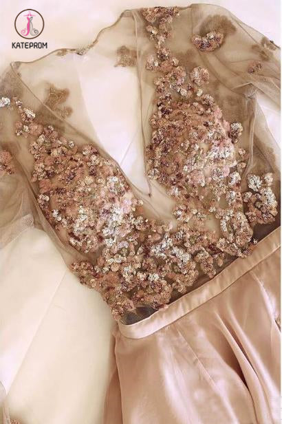 Long Sleeve See Through V Neck Prom Dresses, Elegant Split Evening Dresses KPP0754