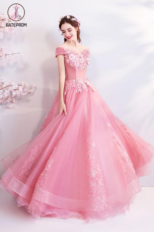 Pink Off the Shoulder Puffy Tulle Prom Dresses, Floor Length Appliqued Quinceanera Dress KPP1056