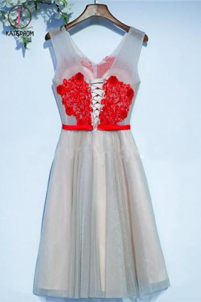 A Line V-neck Appliqued Homecoming Dresses Short Party Dresses with Flowers KPH0421