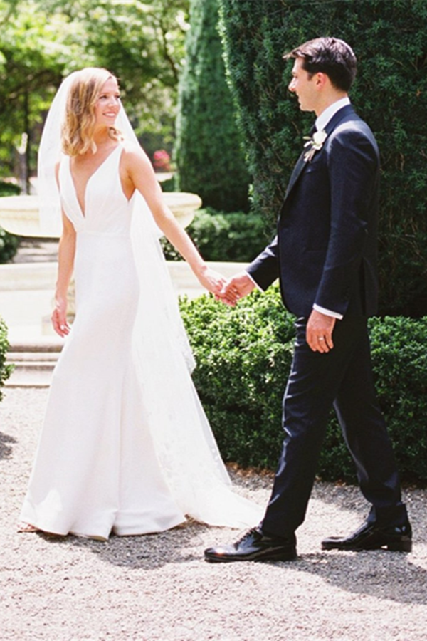 Elegant Sheath V Neck Off White Wedding Dresses, Simple Beach Wedding Gown KPW0683