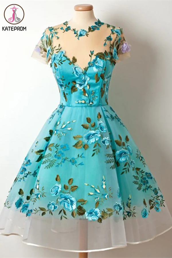 Lace Homecoming Dresses Scoop A Line Floral Short Prom Dress Cute Party Dress KPP1338