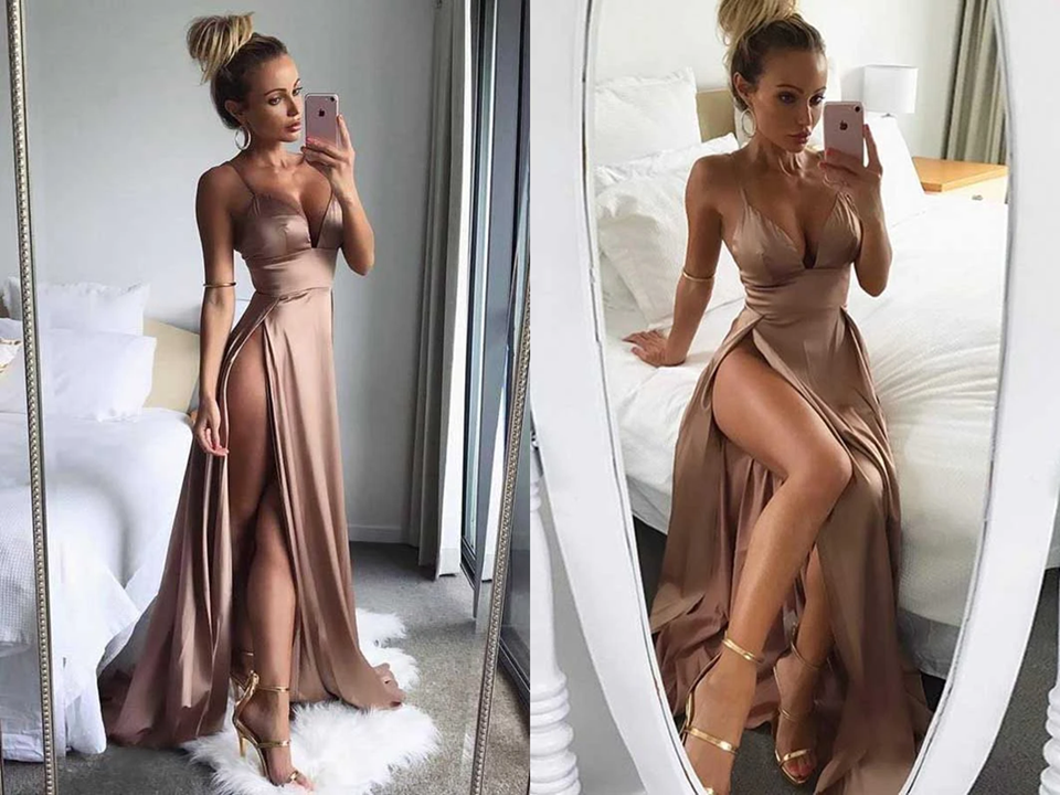 Brown Satin Thigh High Slit Deep V Neck Spaghetti Straps Long A Line Prom Dresses KPP1472