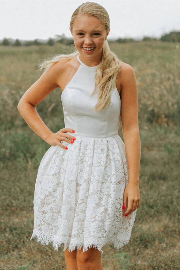 A Line Ivory Lace Halter Neckline Backless Short Homecoming Dress KPH0629