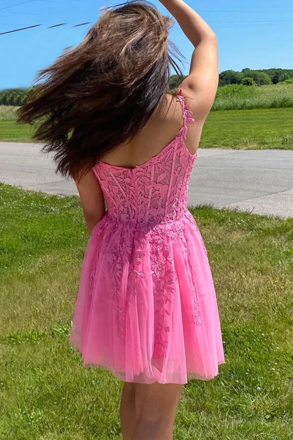 A Line Hot Pink Lace Appliques Party Dress Homecoming Dress KPH0640