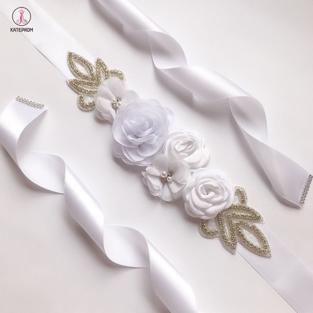 Rose Flower Rhinestone Pearls Wedding Sash KPS0003