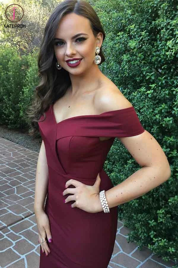 Off The Shoulder Burgundy Satin Long Prom Dresses With Slit KPP1259