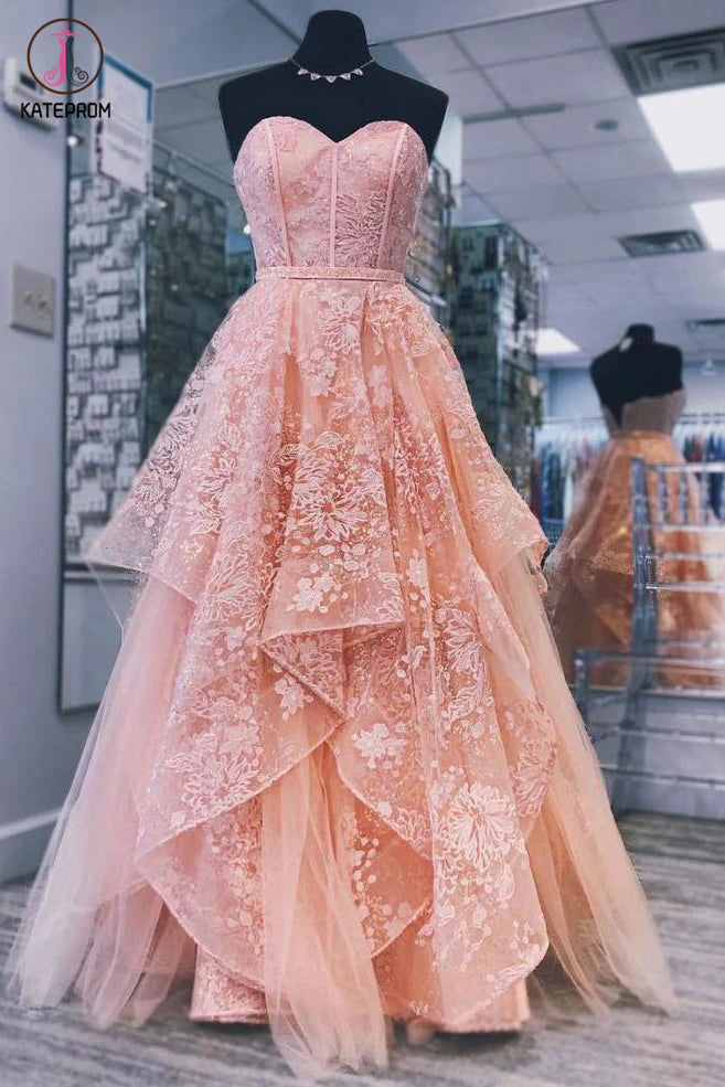 A Line Sweetheart Floor Length Lace Prom Dresses, Strapless Tulle Party Dresses KPP1267