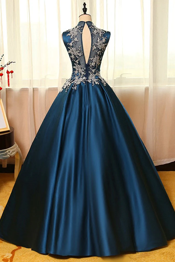 Chic Prom Dresses Appliques High Neck Ball Gown Long Prom Dress Evening Dress KPP1618