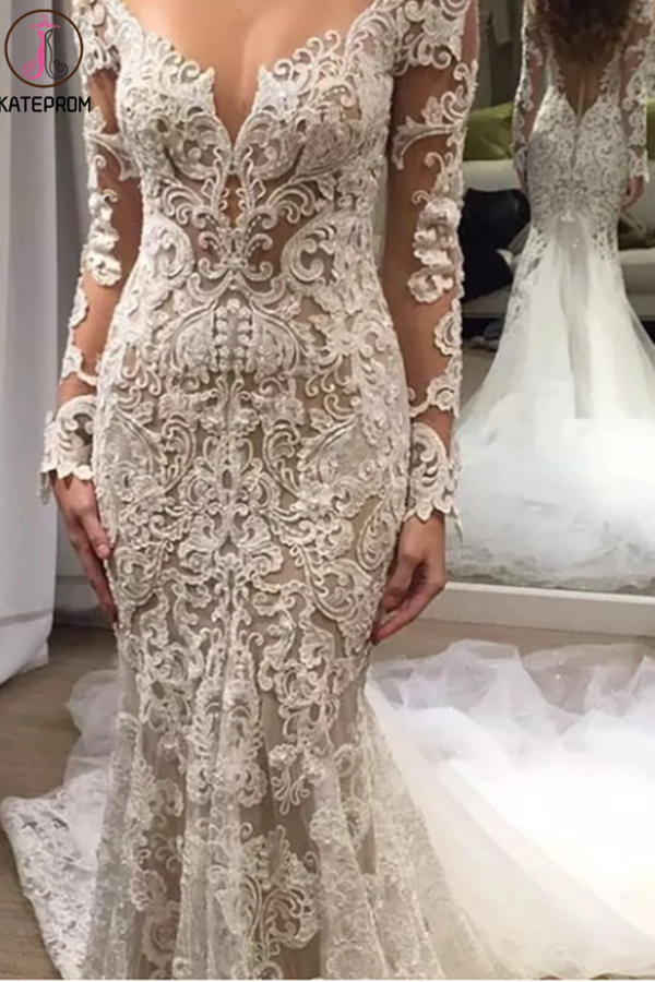 Romantic Long Appliques Backless Lace Mermaid Ivory Long Sleeve Wedding Dresses KPW0605