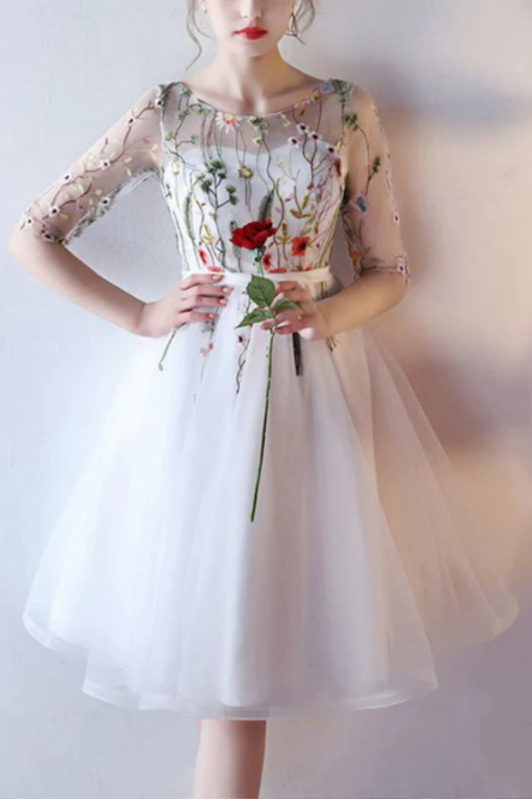 New Arrival Scoop Short Prom Dress With Floral Short Sleeve Homecoming Dress Prom Dresses KPH0666