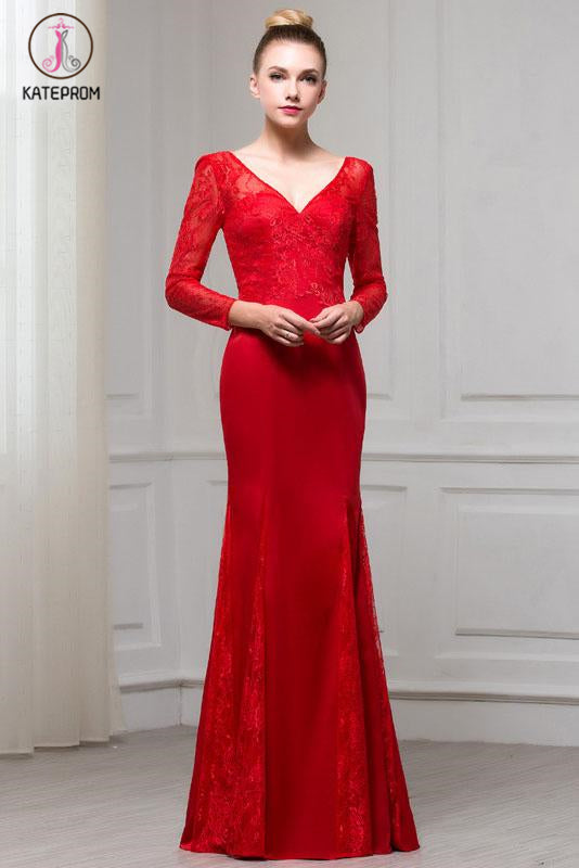 Red Long Sleeves V Neck Mermaid Floor Length Evening Dress with Lace KPP1084