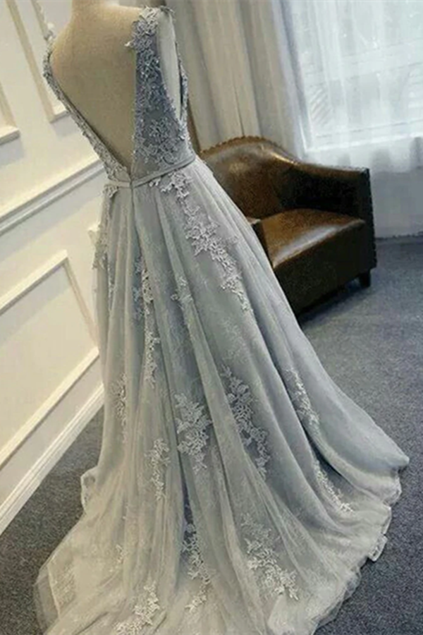 Chic A Line Prom Dress Silver Scoop Lace Prom Dresses Evening Dress KPP1516