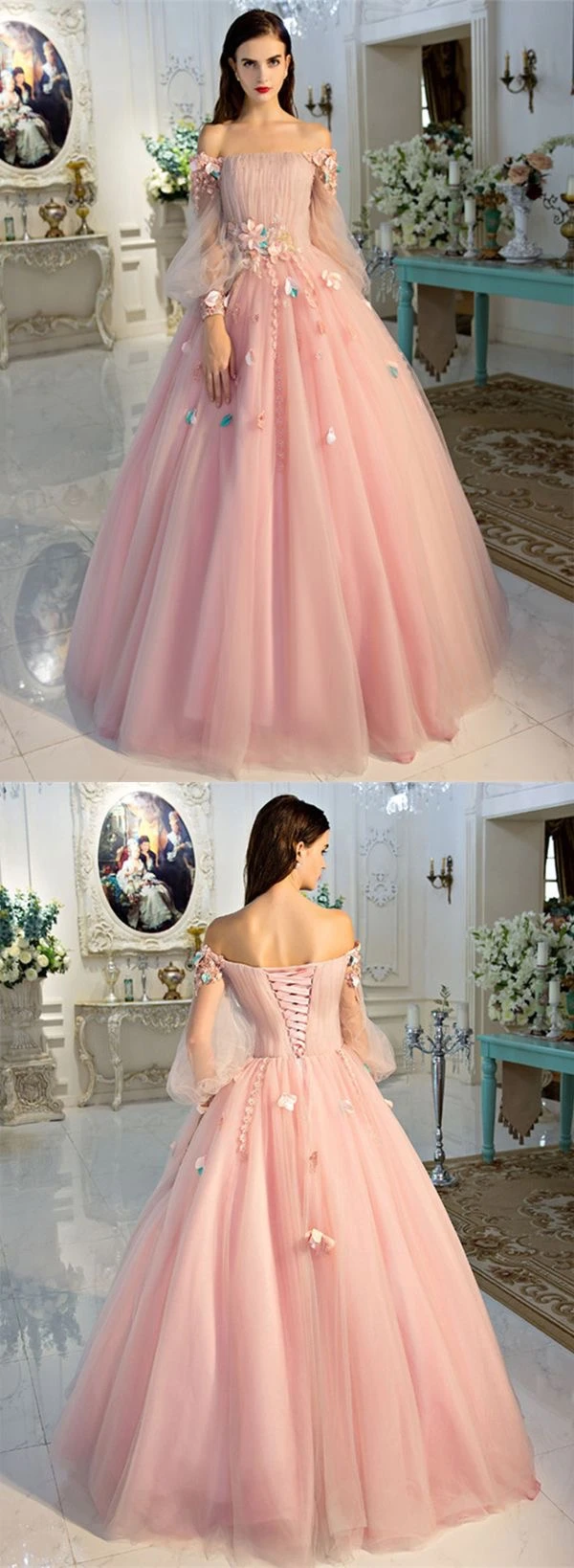 Long Sleeve Prom Dresses Pearl Pink Ball Gown Long Floral Fairy Prom Dress KPP1341