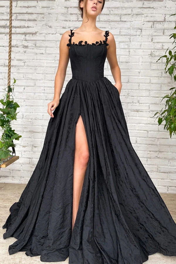A Line Black Taffeta Split Long Prom Evening Dress With Pockets KPP1692