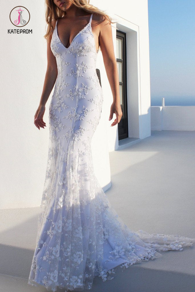 White Spaghetti Strap V Neck Mermaid Prom Dress, Sexy Backless Lace Prom Dress KPP0677