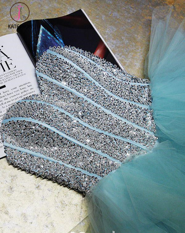 Pool Blue Sparkly Sweetheart Sequins Tulle Short Cocktail Dress, Mini Homecoming Dress KPH0290