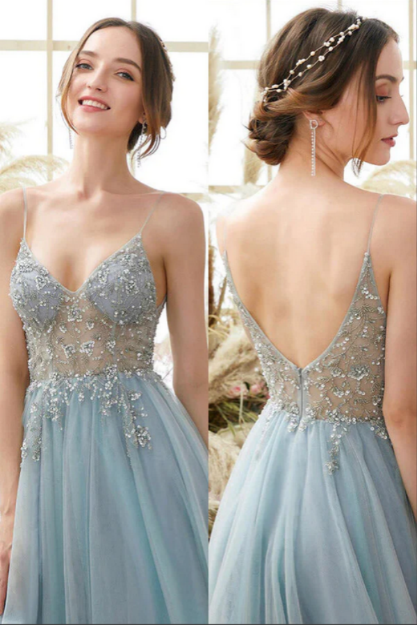 Light Blue Tulle Beaded A Line V Neck Long Prom Dresses, Evening Gowns KPP1665