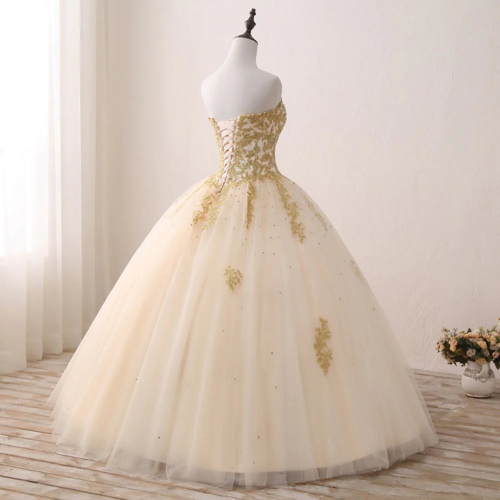 Princess Sweetheart Champagne Ball Gown Sweet 16 Dress Quinceanera Prom Gown with Gold Lace KPP1716