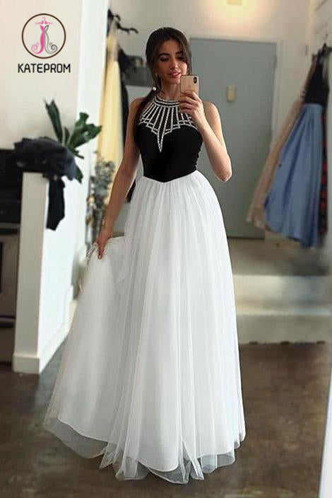 White Tulle Halter Long Prom Dress A Line Sleeveless Long Party Dress with Beading KPP0865