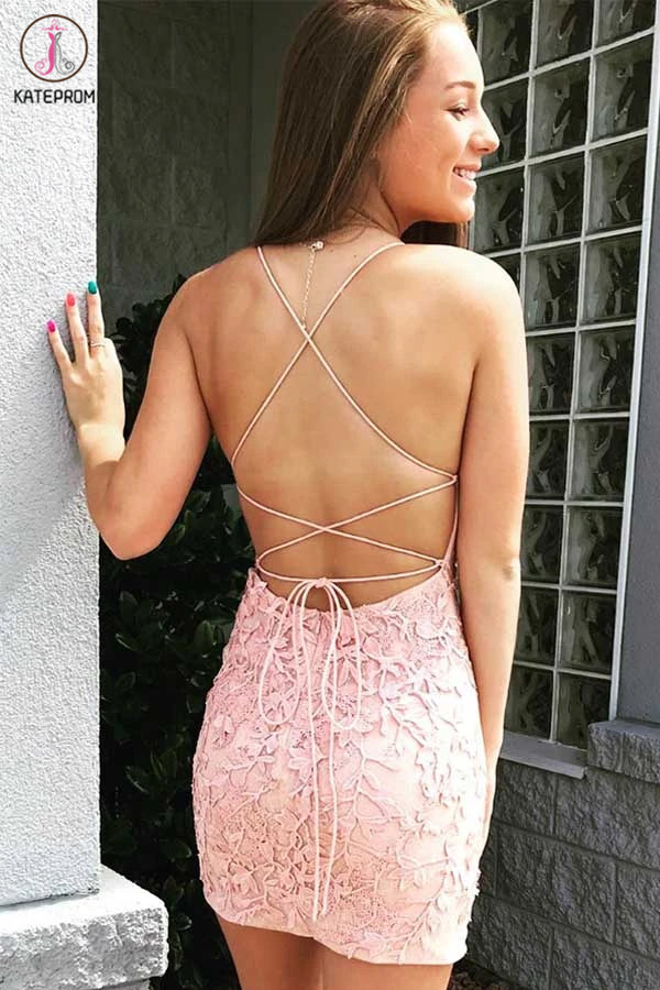 Tie Back Appliqued Sheath Burgundy Blue Pink Short Prom Dress Homecoming Dress KPH0492