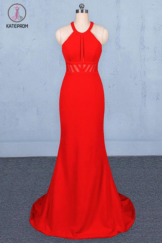 Stylish Halter Mermaid Prom Dress, Red Mermaid Open Back Long Evening Dresses KPP1095