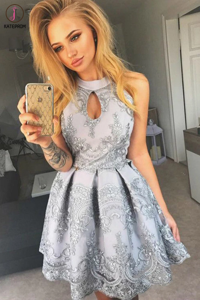 Charming A Line Halter Keyhole Grey Lace Short Homecoming Dresses, Short Party Dresses KPH0477