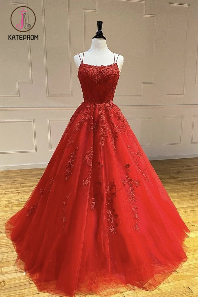 Hot Selling Red Tulle Prom Dress with Lace Appliques, A Line Long Party Dress with Lace KPP1249