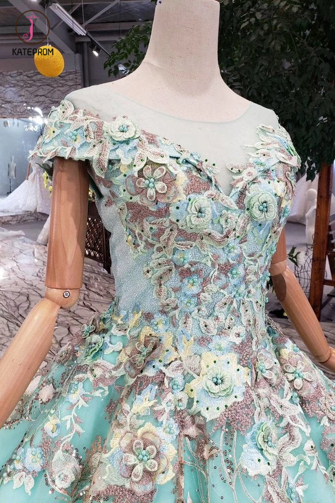 Big Sheer Neck Puffy Prom Dress with Cap Sleeves, Fairy Tale Lace Dress with Beading KPP0856