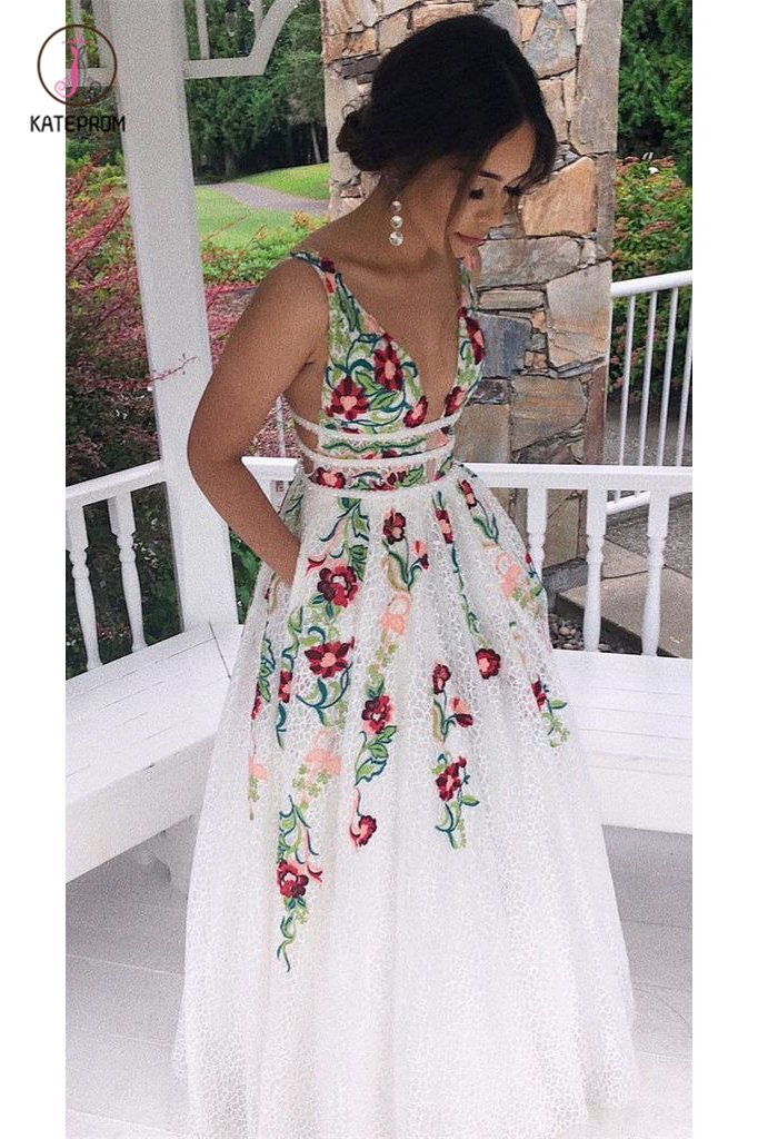 Princess V Neck Floral Embroidery Long Prom Dress with Pocket, Long Lace Prom Dresses KPP0744